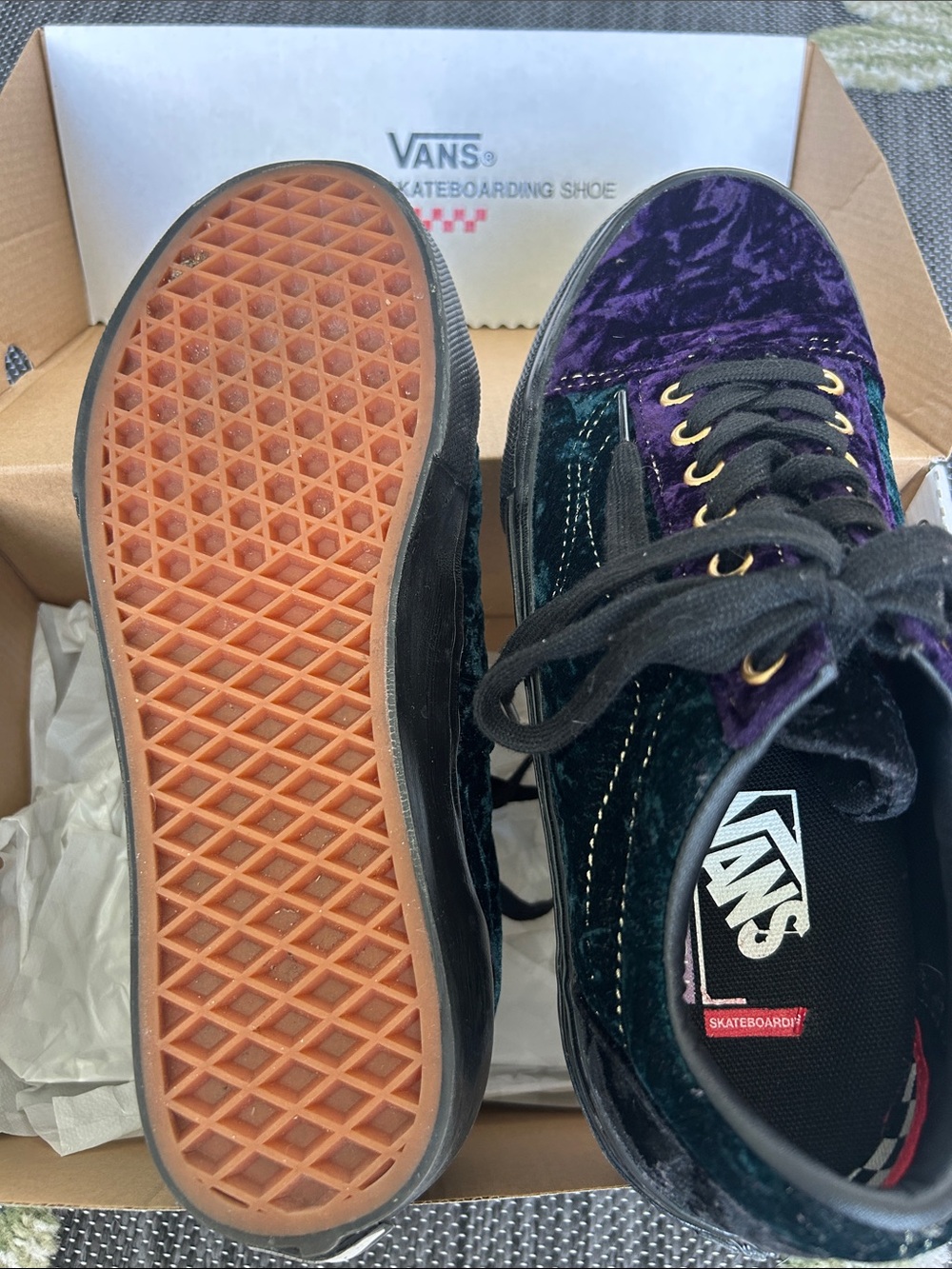 Vans Velvet Low-Top Sneakers in Purple & Teal with Black Soles - Picture 4 of 8